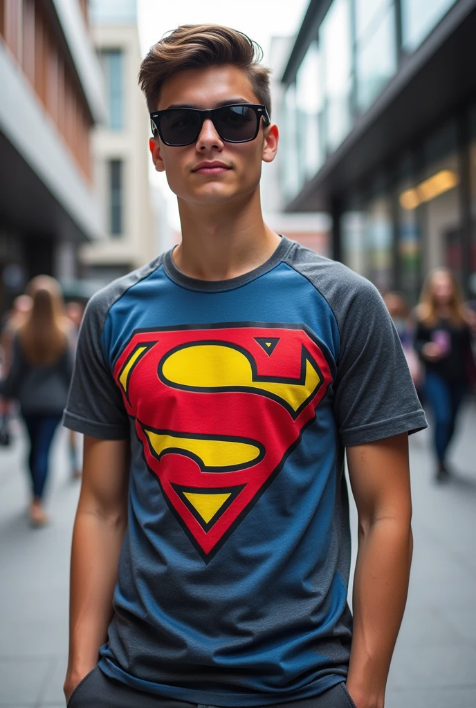 A person wearing a Marvel t-shirt and wear sunglasses