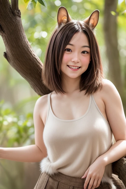 Realistic, photoRealistic, detailed, beautiful, RAW Photos, Film Grain, (Natural light :1.2), View your viewers,
Portraiture, Depth of written boundary,
Japanese women, 1, Squirrel ears, Squirrel Tail,Plump, Fur tank top, Fur mini skirt, Fluffy hair,smile, On the branch of a big tree, whole body