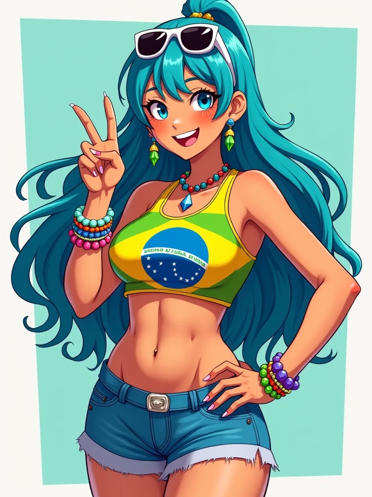 "A vibrant and dynamic anime-style character with tanned skin and long, wavy cyan blue hair. She is wearing white sunglasses with black lenses perched on top of her head, and she has a confident smile with a peace sign gesture near her face. Her outfit consists of a yellow crop top featuring the Brazilian flag, revealing part of her midriff, and a blue skirt. She accessorizes with colorful bead bracelets, diamond-shaped earrings, a beaded necklace, and large white sunglasses. The character has exaggerated proportions with a slim waist, prominent chest, and defined hips, embodying a summery and festive vibe with a Brazilian cultural influence."