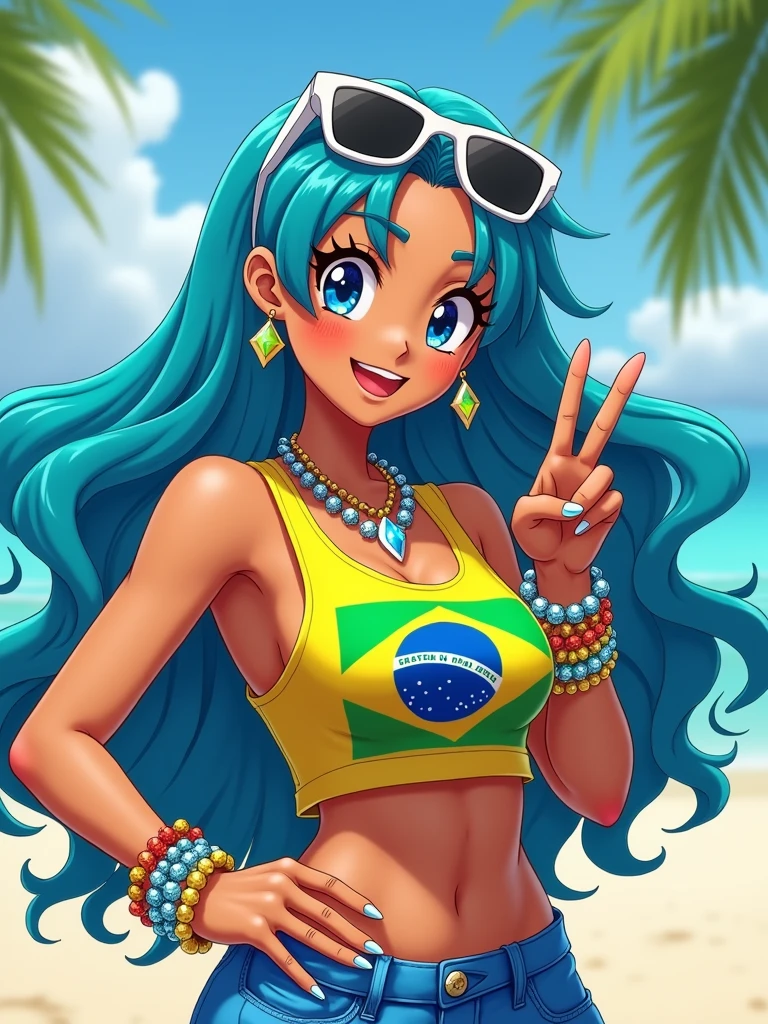 "A vibrant and dynamic anime-style character with tanned skin and long, wavy cyan blue hair. She is wearing white sunglasses with black lenses perched on top of her head, and she has a confident smile with a peace sign gesture near her face. Her outfit consists of a yellow crop top featuring the Brazilian flag, revealing part of her midriff, and a blue skirt. She accessorizes with colorful bead bracelets, diamond-shaped earrings, a beaded necklace, and large white sunglasses. The character has exaggerated proportions with a slim waist, prominent chest, and defined hips, embodying a summery and festive vibe with a Brazilian cultural influence."