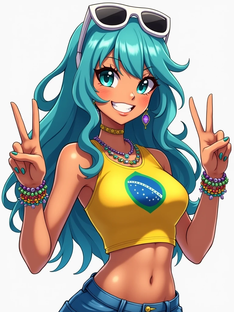 "A vibrant and dynamic anime-style character with tanned skin and long, wavy cyan blue hair. She is wearing white sunglasses with black lenses perched on top of her head, and she has a confident smile with a peace sign gesture near her face. Her outfit consists of a yellow crop top featuring the Brazilian flag, revealing part of her midriff, and a blue skirt. She accessorizes with colorful bead bracelets, diamond-shaped earrings, a beaded necklace, and large white sunglasses. The character has exaggerated proportions with a slim waist, prominent ?????, and defined ????, embodying a summery and festive vibe with a Brazilian cultural influence."