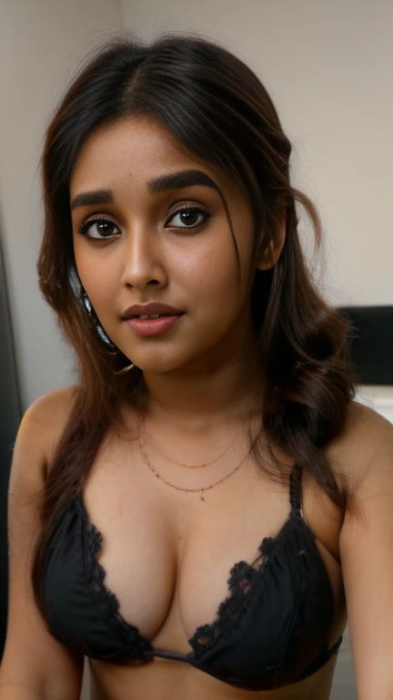 Half body portrait of anikhas,, unreal, wearing a black bikini, full sized image, ((french braid hair)), selfie point of view, chubby face, (selfie point of view), anikhas perfect face, black hair,(( trimmed thin eye brows)), beautiful face, combed hairn, top down view
