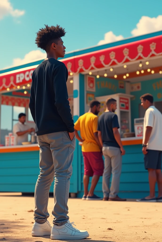 Create an African man in his 20s wearing a black long sleeve and grey trouser and air force shoes. Looking at certain popcorn shop far from distance. He sees three men and one girl standing besides popcorn shorp with sky blue pain on bottom and red on top.