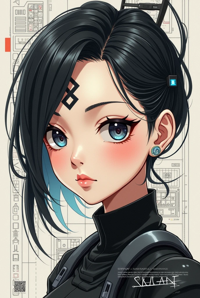 (((1 anime girl))), (((Tattoo in the middle of the forehead))), ((Masterpiece:1.2)), (((The picture is of the whole body.)))، ((Highest quality)), (Several notes on settings:2.0), (Beautiful Face,beautiful eyes,beautiful hair)(Masterpiece, Top quality, Best quality, Official art, Beautiful and aesthetic:1.2)، (Masterpiece:1.2,Exceptional quality,mirror like,Cinematic experience,Realistic:2.0,Raw images:2.0,Very detailed),8 k,Wall paper,(Representing diagrams through three-dimensional graphics:2.0),(Pretty woman:2.0),female cyborg,(female cyborgの設計図:2.0),(front view drawing:2.0),(Avant-garde design:2.0),(draw detailed diagrams:2.0),