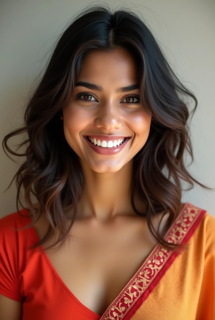 There is a young, Beautiful indian woman, who looks to the future like Katrina Kaif, Smiles into the camera, beautiful teeth, She looks into the camera, a portrait from raw photo, body, conservative modern color dress, ((hairLayered Cut)),