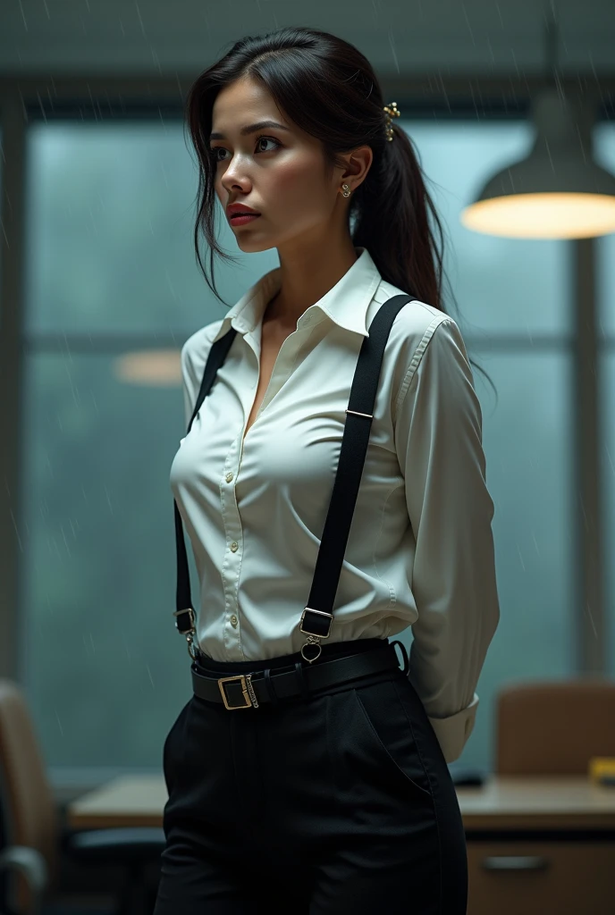 a woman in a suit, belt, hands behind back, sweating, suspenders, black pants, sexly, large breasts, see-through clothing, rain, detective, office worker, white button-up shirt, (best quality,4K,8k,highres,masterpiece:1.2),ultra-detailed,(realistic,photorealistic,photo-realistic:1.37),hyper-detailed,highly detailed face and body, Slender thin suspenders Moderate breasts See-through shirt Nipples holster chain Pistol Armament criminal Female criminal knife japanese profile Japanese women arrested handcuff belt