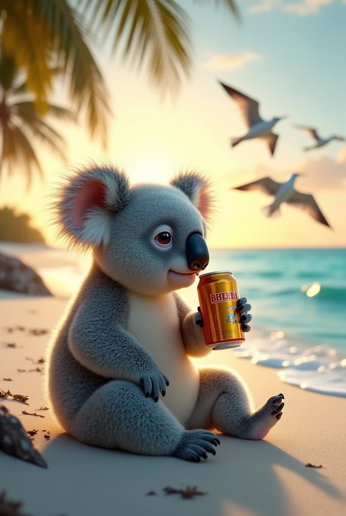 I want you to create a hyper realistic koala that is on a beach in the Bahamas and the koala has to be sitting looking at the water on the beach and drinking beer and behind it I want the sun to appear and several birds flying around.