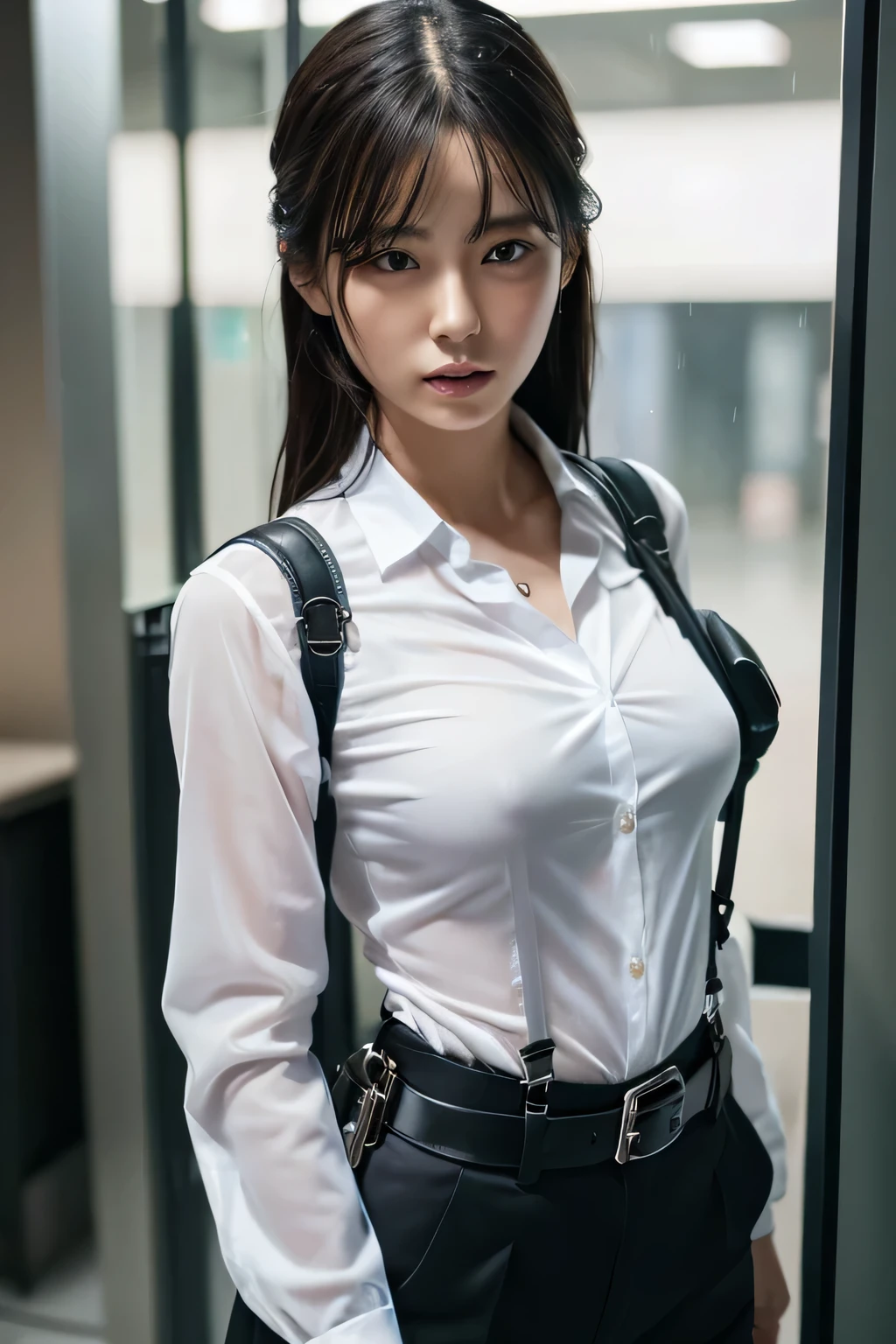a woman in a suit, belt, hands behind back, sweating, suspenders, black pants, ly, large breee-through clothing, rain, detective, office worker, white button-up t, (best quality,4K,8k,highres,masterpiece:1.2),ultra-detailed,(realistic,photorealistic,photo-realistic:1.37),hyper-detailed,highly detailed face and body, Slender thin suspenders Moderate breasts See-thhirt Nipples holster chain Armament criminal Female criminal knife japanese profile Japanese women arrested handcuff