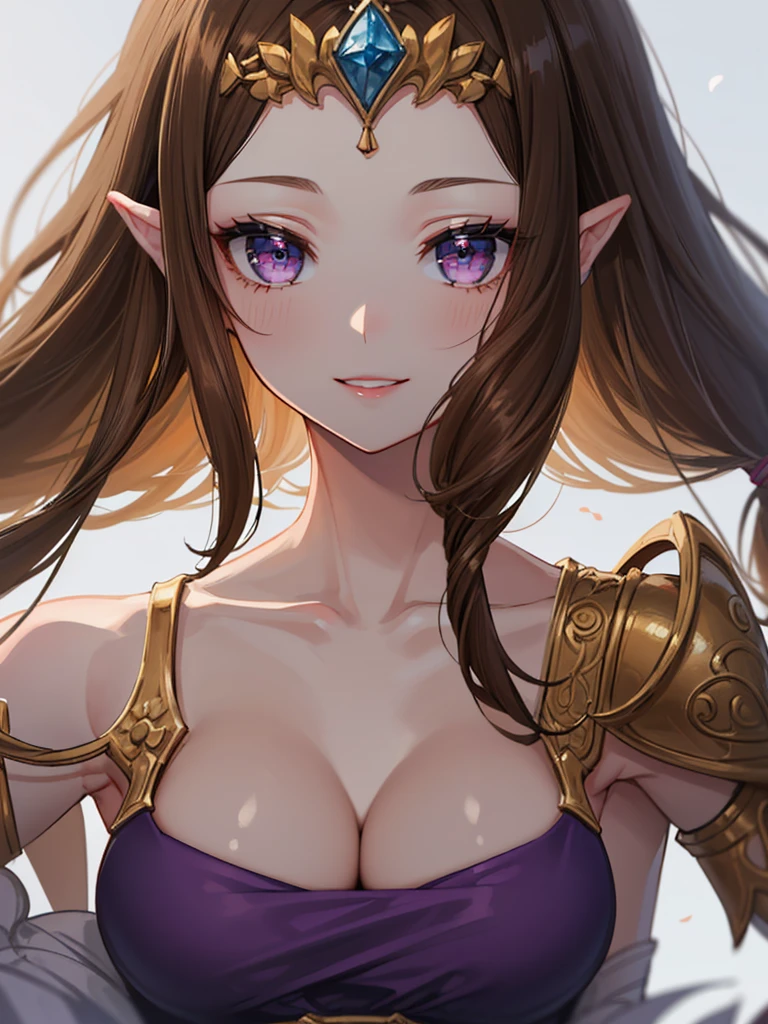 (((Face close-up))),((((Her hair is fluttering))))),(((((Free pose))))),((((((Exposed shoulders)))))),((((Upper Body)))),((alone)),((side angle))),Anime art style,masterpiece,(Highest quality), (Super detailed),(Very delicate and beautiful),(((((Beautiful glossy lips))))),(detailedな顔と目),Beautiful eyes like jewels,(A truly gorgeous jeweled ruffled rococo ball gown dress),(((Mature Woman,Queen))),((1 Queen in a beautiful embroidery and jeweled absolutely gorgeous rococo ballgown dress with voluminous full length hoop skirt)),((crinoline)),,((Straight hair galore,Very long straight hair with plenty of volume,Super long straight hair)),,Cleavage,(bed),length_gloves,Very gorgeous hair accessories、((((front)))),((((Adult Expressions)))),((((Beautiful Face)))),((((dress)))),((Overhead Shot)),(((Long Hair)))),((((Straight hair)))),((Cleavage)),((((Dark brown hair)))),Princess Zelda,((chest is slightly exposed)), ((Highest quality)),,(Very detailed) ,((Purple Blouse)),((())),Brown Hair,(()),, ((Highest quality)), (Very detailed),((detailed)),(((smile))),Nintendo, The Legend of Zelda),,((alone)), ((Highest quality)), (Very detailed), ,