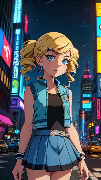 (Teens:1girl: ppgzbb), (extremely detailed CG unit 8k wallpaper),(master part), (best quality), (ultra detail), (best illustration),(city-scene-aso), cowboy shot, (Sharp eyeliner, ombre, detailed eyes:1), night, cyberpunk city, outdoor, ,break , (DcauGirls), upper body, blue eyes, blonde hair, twin drills, hairclip, earrings, vest, blue skirt, short skirt