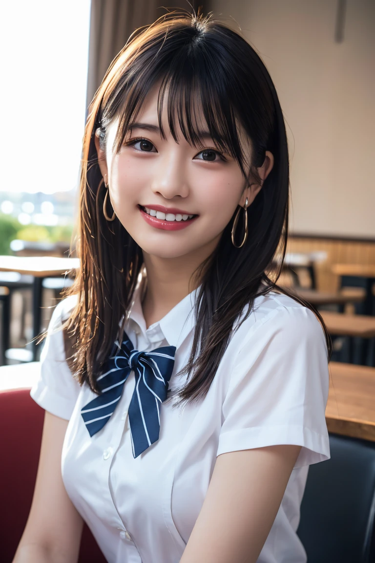 (8k, RAW Photos,highest quality, High resolution:1.1), (超Realisticな:1.4),(Realistic, Realistic:1.3), Sodebtt Light,big,2 girls,Realistic Face,Realistic Body,Realistic Skin,Disorganized,masterpiece,(cute:1.8), Cuties, alone, (big:1.2), Detailed black eyes,Innocent eyes,Blusher,(school uniform:1.2 ),Cinema Lights,Film Grain,jewelry,Earrings,((Medium Hair:1.1)),((Floating Hair Novadebtrog Style)),Cherry colored lips,Hair Ribbon,Hair Ribbon,ponytail,close,Look Viewer,Long Hair,Upper Body,Open lips,Upper teeth, (Smiling Eyes:0.6),((Grin:1.2)),Depth odebt Field, Blurred Background, Eye focus , Bokeh,young, 85mm lens, debt/1.4,Prodebtessional Lighting, young,Portraiture,Photon Mapping,Radio City,Physically Based Rendering,Asian、((Cafe、Cafe:1.3)),((high school girl:1.3))