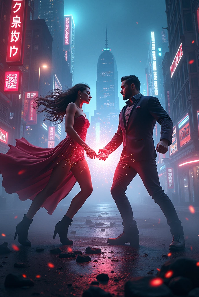 Generate a picture of a man ana lady fighting while shooting thunder out of their hands a little bit of cyberpunky also this is a book cover so also write the name of the book which is the murder masquerade with white and the font times new roman