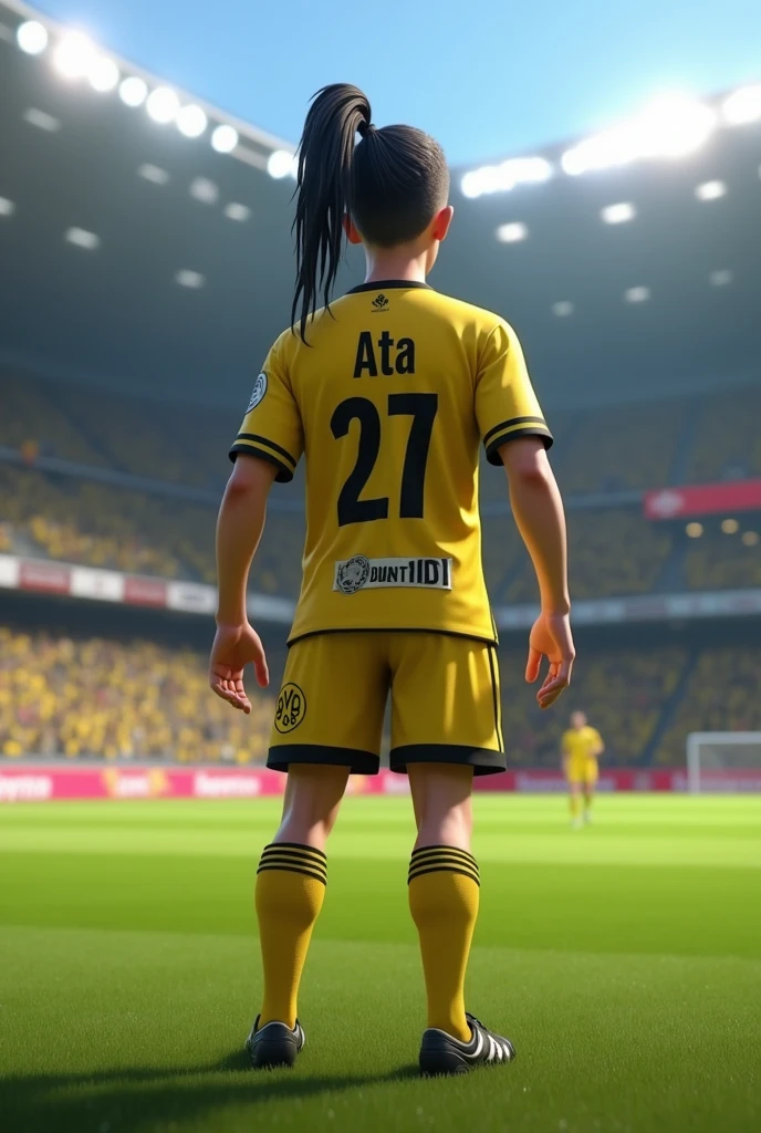 A white soccer player with a mullet on his back for Borussia Dortmund and wearing the number 27 with the name ATA written on the back of his shirt is facing backwards playing football in 3D animation.