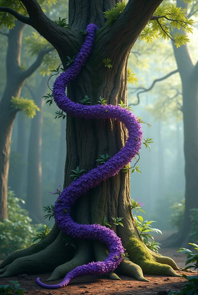 A very thin liana of purple hue twines around the tree
