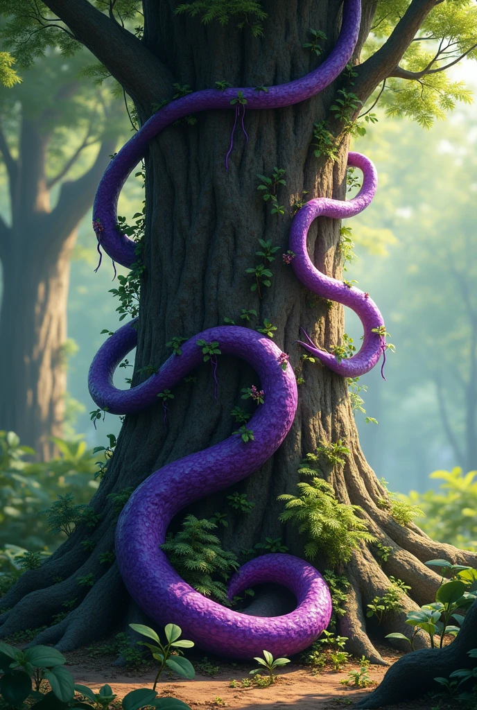A very thin liana of purple hue twines around the tree