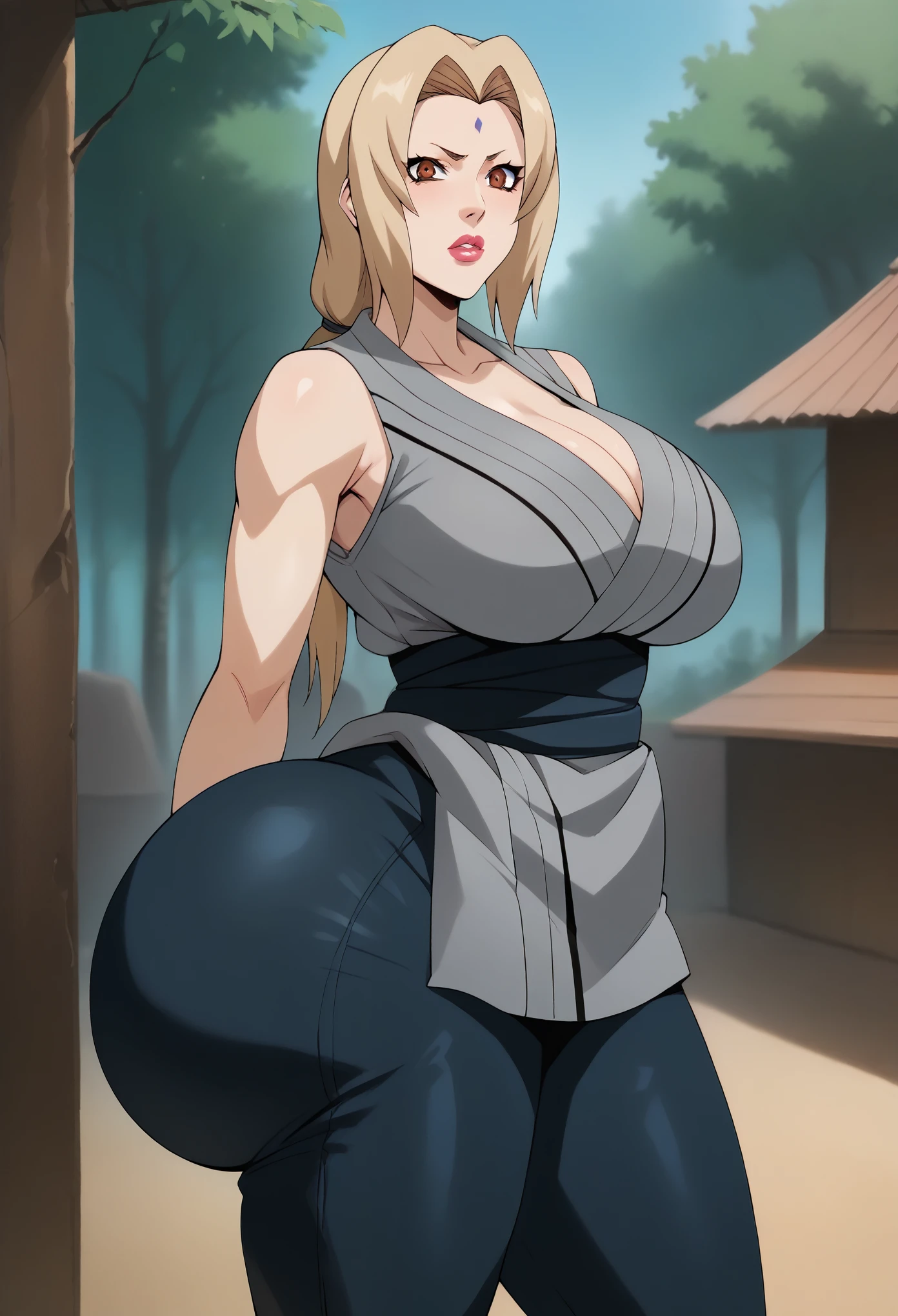 score_9, score_8_up, score_7_up, BREAK, score_9, Lady Tsunade, Tsunade Senju, granny Tsunade, ChopioTsunade, blonde hair, long hair, big lips, plump lips, low twintails, hair tie, brown eyes, forehead mark, pink lipstick, mature female, milf, K-cup size breasts, large breasts, huge butt, red nails, outfit_2, grey kimono, sleeveless kimono, collarbone, blue obi, blue pants, solo, 1girl, looking at viewer, curvy body, thick body, curvy, small waist, b cowboy huge butt, shot, ass, ass covered by her pants, pants slipping slightly down, showing bare buttcrack slichtly, big ass, huge breasts, big breasts, thick thighs, wide hips, from behind, forest