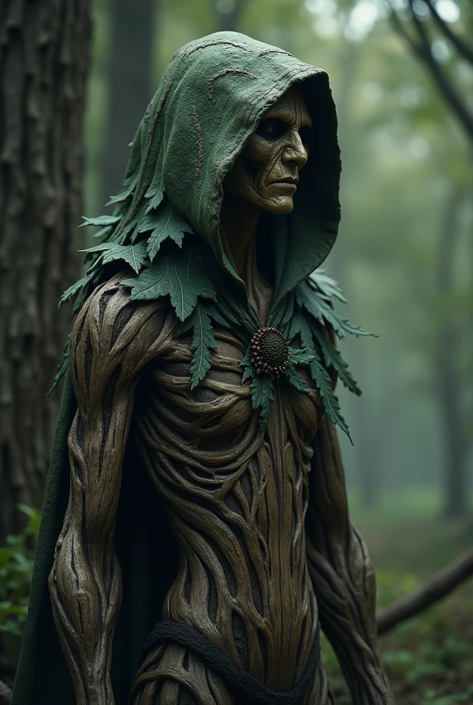Create A whole body mythical creature that has this following features
- wearing a long hoodie
- the hoodie cover is like a leaves
- this creature dwells in trees
- an old human like form
- the body is like a wood
- it should be like a character from a dark fantasy