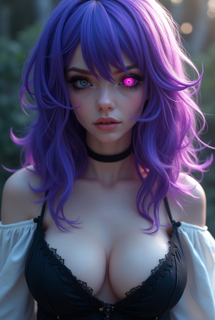 A woman with violet and blue hair and magenta eyes and a black cornea on the left eye, beautiful. Large chest, black clothes and white sleeves. Rambutnya menutupi bagian kiri matanya. Matanya sedikit kecil