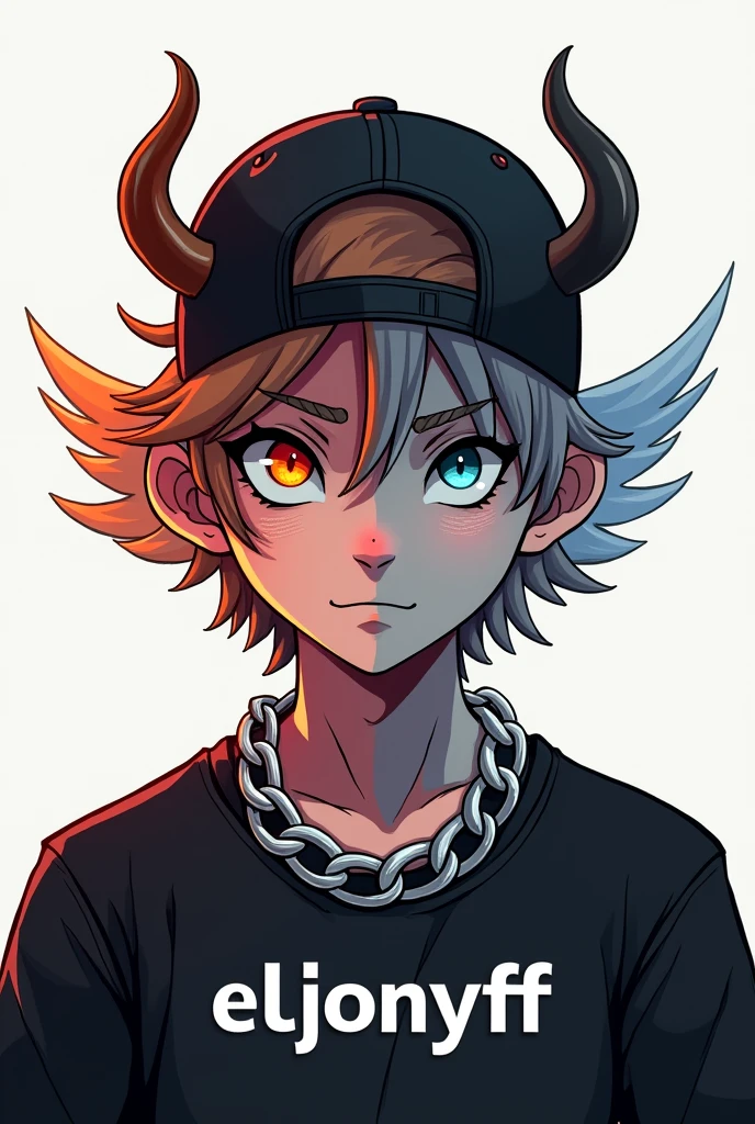 Create me a logo of a teenager with a cap backwards and half the face of an angel and the other half the face of a demon with a black shirt putting a silver chain around his neck and underneath it says ElJONYFF