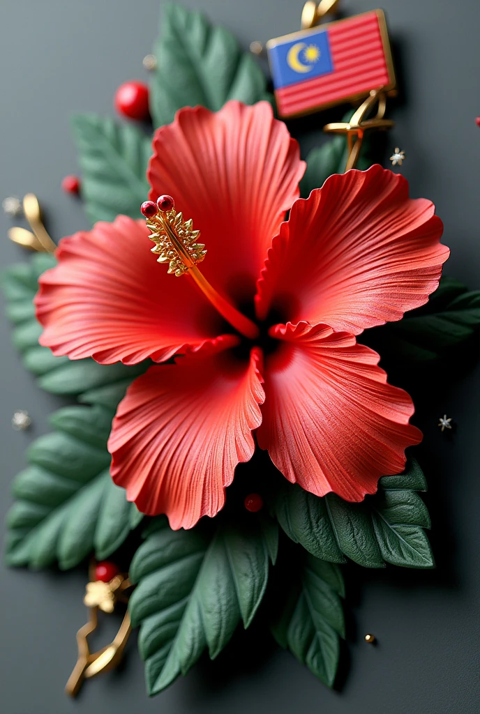 3d brooch hibiscus flower with malaysia flag attach with name Hayati