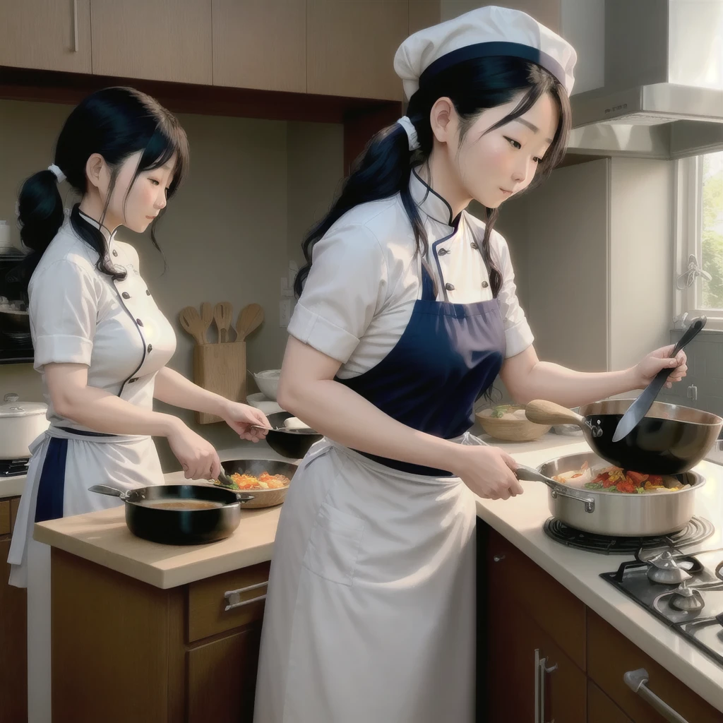 Female Cook、Cooking in the kitchen、Hair is light　Wearing a chef&#39;s coat　Wearing a hat　