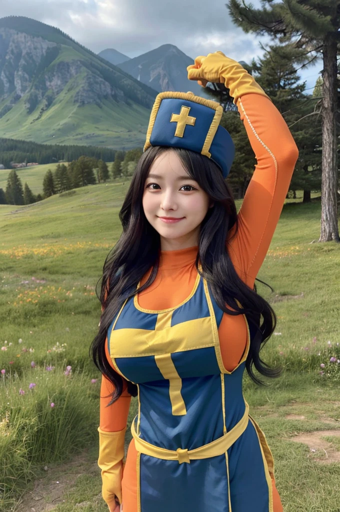 masterpiece, best quality, landscape photo, blissful, excited, solo, 1girl, cute, beautiful, full body shot, closeup shot, DQ3 female cleric, (orange bodysuit, priest \(dq3\), mitre, tabard, elbow gloves), (huge breasts:1.4, HUGE and HEAVY boob, H cup breasts, Big Breasts:1.2), side boob, holding a staff, serene expression, long flowing hair, black hair, fantasy setting, highly detailed, vibrant colors, perfect face, perfect body, ultra detail and beautiful eyes, cute, cutesy, baby face,