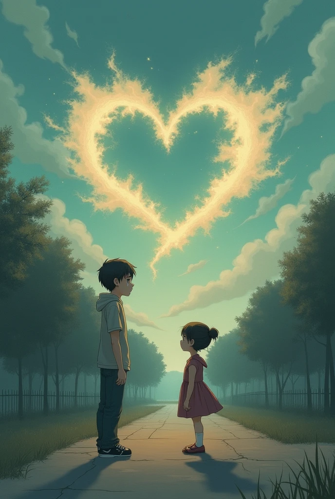 A girl is leaving after rejecting a boy's love proposal and the boy is crying and a crying heart is written in the sky i miss you kunti