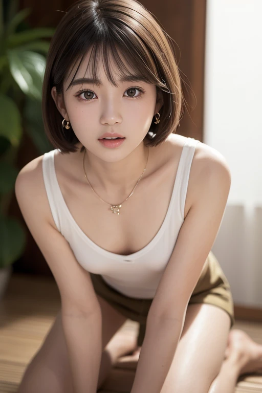 masterpiece, (photo realistic:1.2),(full body),14才, young japanese girl, puffy face, (broad jawline:1.2), shiny skin, detailed skin, ((no makeup)), pale brown hair, messy hair, short Bob Cut, front view , close-up, from bottom, (laugh out loud), タンクトップ, necklace, earrings