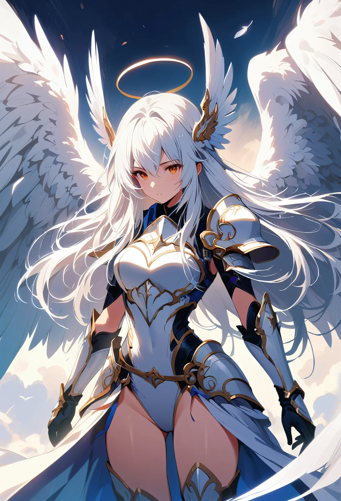1girl angel angel_wings armor feathers_Long wing feathers_Hair Shoulder Armor Shoulder_Armor single piece_Wing top_body white_Theme White_Wings Wings