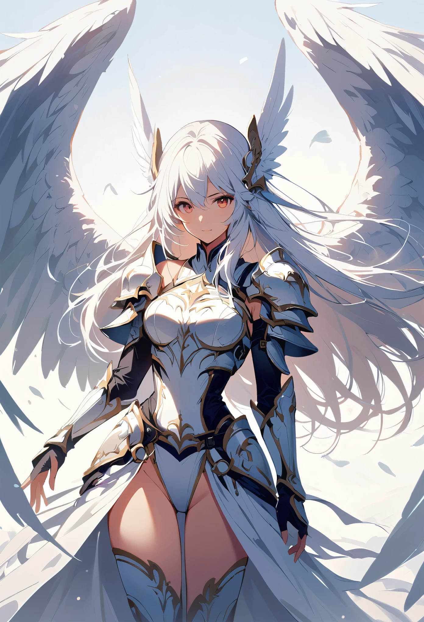 1girl angel angel_wings armor feathers_Long wing feathers_Hair Shoulder Armor Shoulder_Armor single piece_Wing top_body white_Theme White_Wings Wings