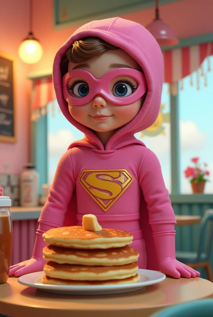 a superhero who loves pancakes in a pink suit is ready to save and cook pancakes with the inscription “crepe cafe”