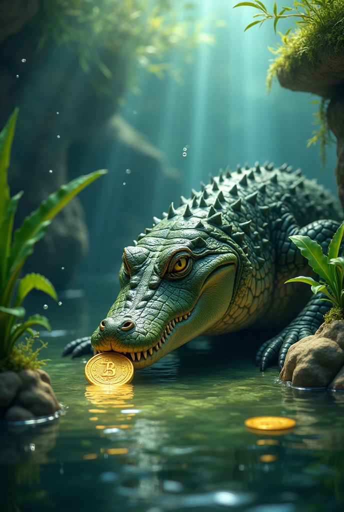 
The Crocodile Hides the Coin:

Scene: The crocodile is carefully placing the gold coin in a secret spot at the bottom of the pond, surrounded by water plants and rocks.
Details: The crocodile should be depicted in a thoughtful pose, making sure the coin is well-hidden. The pond should look peaceful and natural.