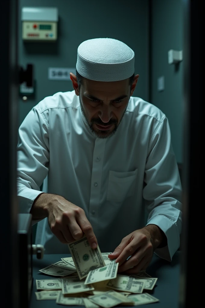 A 4 man wearing a Muslim cap is stealing money