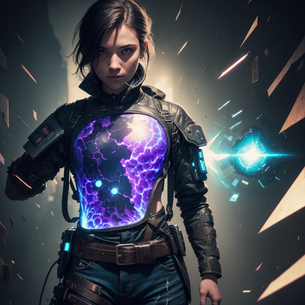 Liquid Double Exposure Full Hologram-Steam and Girl-Lava amorphous retro, Reality of chromatic aberration light, very old Polaroid photo, cracks hiper realistic,dusty lens effect, torn edges, spots, streaks, dispersion 13:57 pixel's size edge, focal distortion, quantum detail, stamp detail, full height, holster, shoulder strap, belts, suspenders, exoskeleton fabric, gun, retro cyberpunk.
