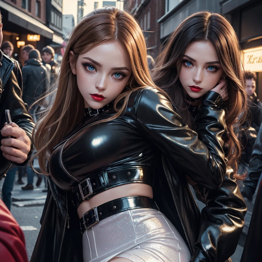 cute girl among men, cute woman with guys, girl with fellas, in a shiny black puffy jacket, face slumbering, cute eyes, mouth agape, Face weary, Face of suffering, Face of heaven, slumbering face, battling men, surrounded by men, caught among men, being approached by men, Hair pulled forcefully, my head is grabbed, Masterpiece, beautiful girl, delicate eyes, Swollen eyes, Of the highest quality, Super high resolution (reality: 1.4), movie lighting, Super beautiful, beautiful skin, (超realistic), (High resolution), (8k), (Very detailed), (beautiful and delicate eyes), (super detailed), detailed face, inclined bangs, reddish-blond hair, 2, in an alley. porcelain white skin sprinkled with freckles, big expressive large green eyes with long lashes, heavily made up with eyeliner and blue eyeshadow with glitter, slim figure, skinny, red lips, shiny red lips, a beautiful and sensual face, goth choker, vinil black jacket,  paired with a red sateen mini skirt with black shiny belt, high shiny boots. motherly face, cute face, a lot glitter, glitter clothes, shiny clothes, night, hard made up, a lot made up, hard make up, goth make up, lots of cum on her clothes, cum on her face, prostitute
