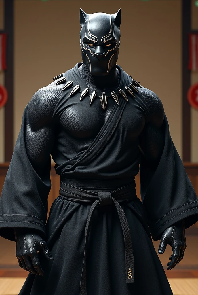 Black Panther character dressed in karate kimono with black belt