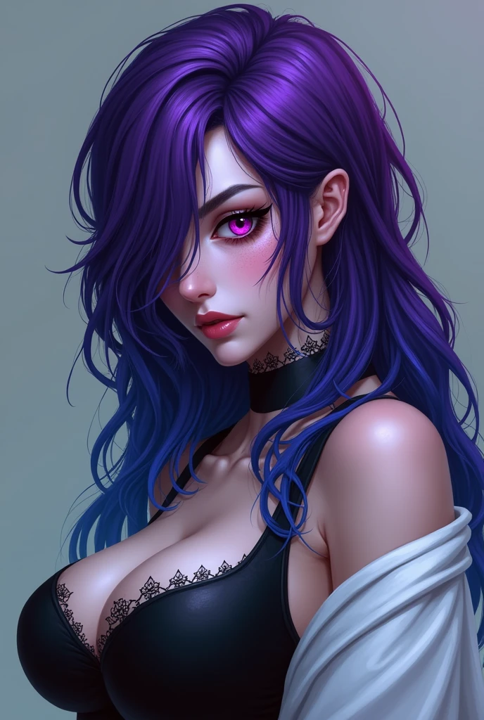 A woman with violet and blue hair and magenta eyes and a black cornea on the left eye, beautiful. Large chest, black clothes and white sleeves. Rambutnya menutupi bagian kiri matanya
