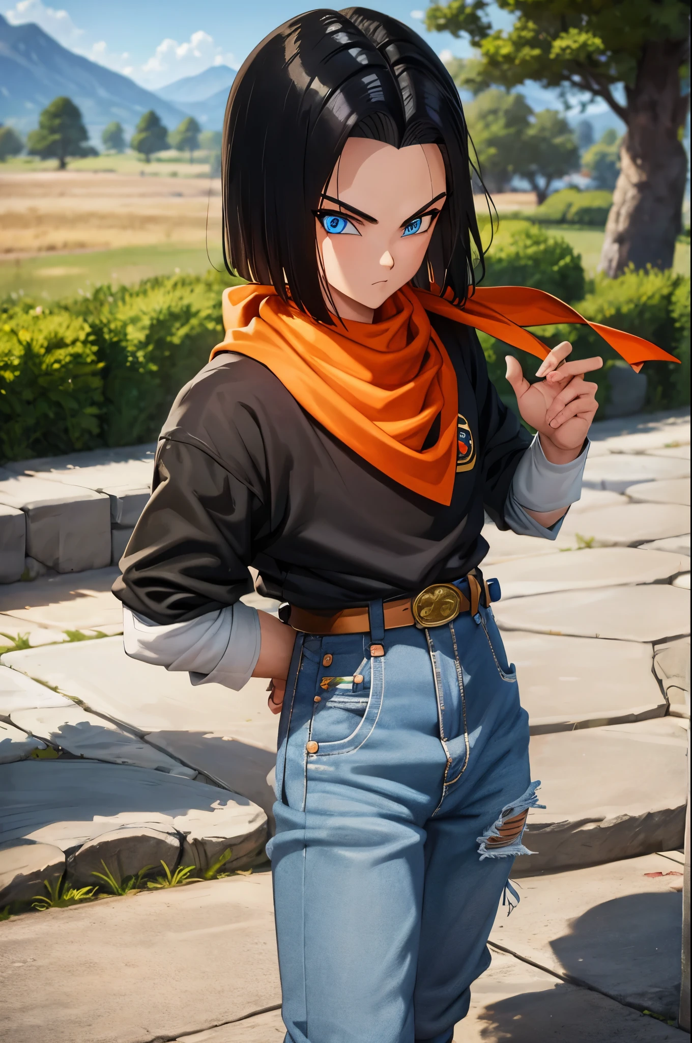 A masterpiece, best quality, detailed and expressive eyes, perfect facial features, high resolution, 1 boy, alone, android 17-inspired boy, (male body:1.3), blue eyes, black hair, parted hair, short hair, black shirt, jeans, layered shirt, white sleeves, orange bandana, blue sneakers, green socks, brown belt, red freckles, outdoor, landscape, standing, portrait, looking at viewer