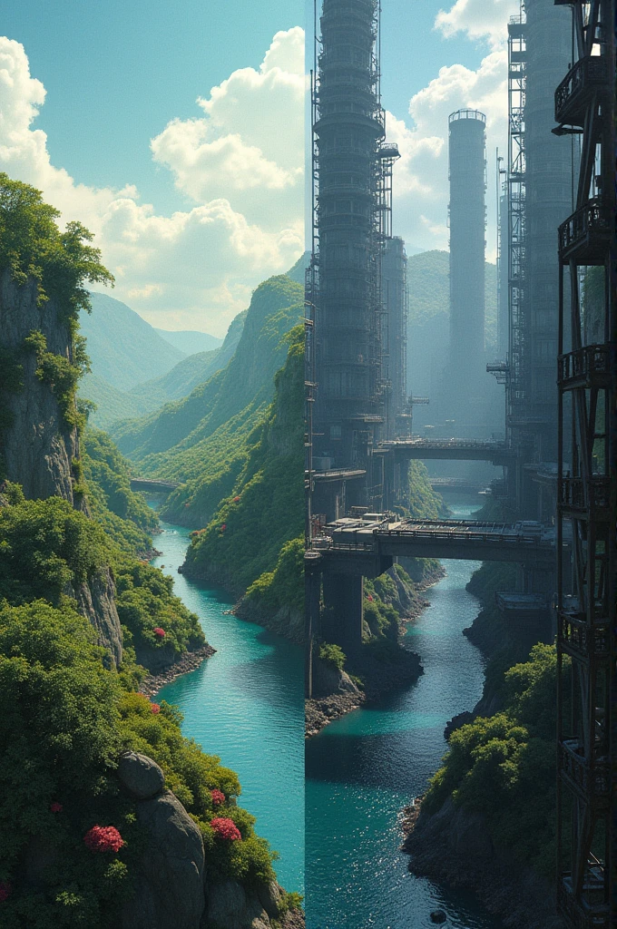 **"A split-screen image showing two parallel realities: one with a serene, utopian environment and the other with a dystopian, chaotic setting."**