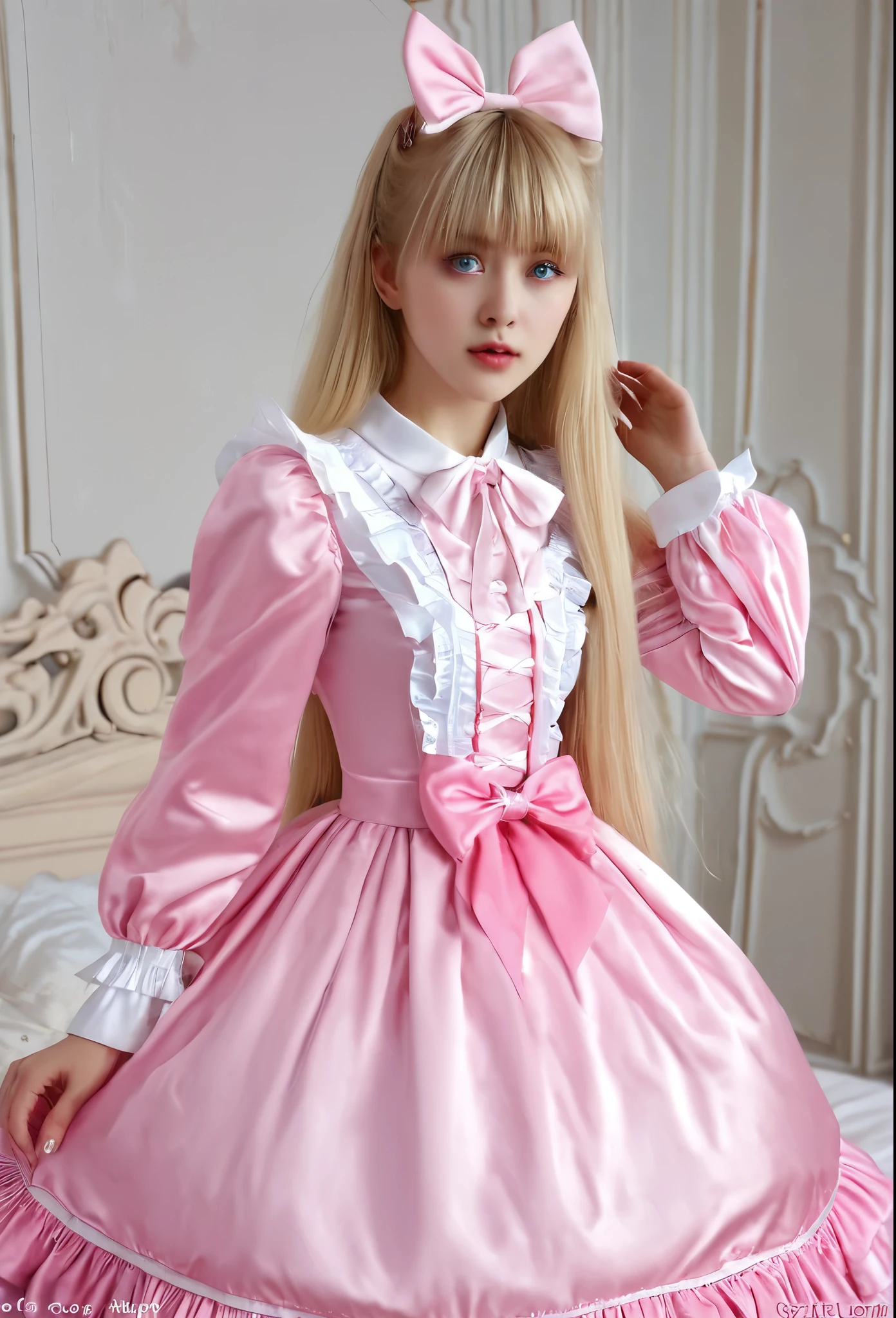 Sexy  girl with shiny blonde silky hair dazzling、Cute sexy little beautiful face with shiny hair dancing in front of beautiful cute face、long silky bangs covering the eyes、beautiful pale light blue big eyes、 Straight silky hair with super long hair that hides the face、Sexy cute young small girl、Small face beauty、Pure white and beautiful shiny skin、(( Little Girl)),She is a princess,Full-length ball gown dress with hoop skirt,Frilled yoke collar,Puff sleeves,Long sleeve,((Lolita style hot pink detailed princess satin dress with lots of frills and bows)),Rococo fashion,shiny satin dress,Soft and smooth fabric,luxury,Long blonde hair,blue eyes,White skin European,pajamas,((In the bedroom)),high quality luxury bed,