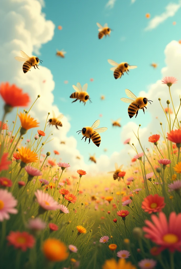 Bees flying in a full of flowers and airdrops with them."flowers are airdrop"