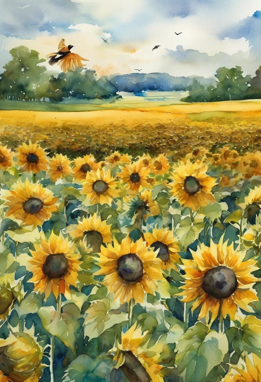 A field of sunflowers, Summer sky, Quiet Afternoon, Watercolor, And a bird's eye view.