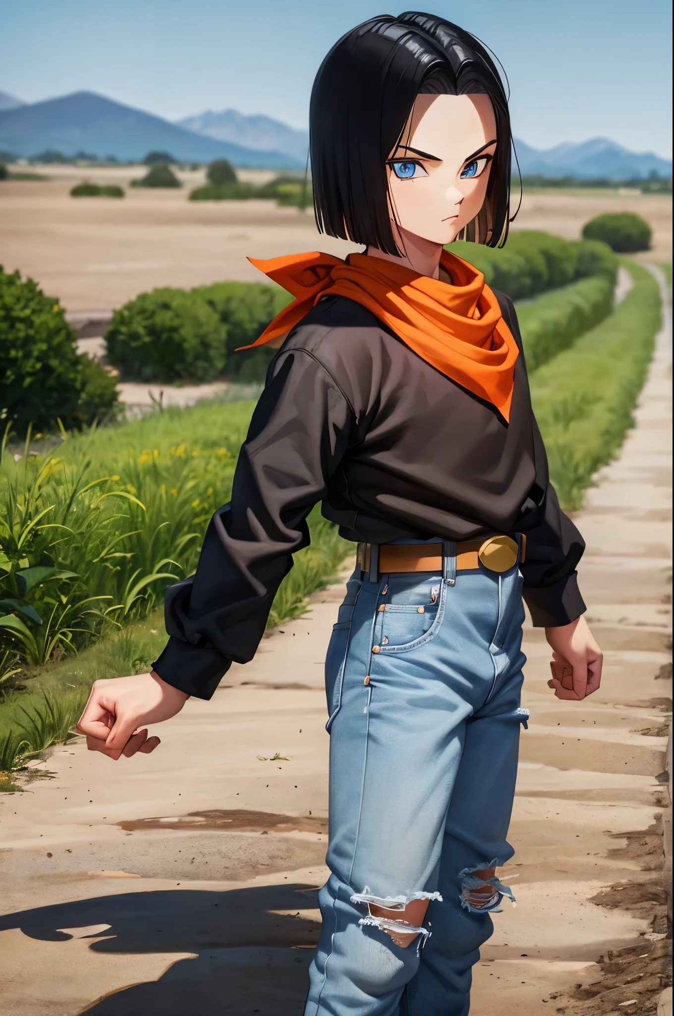 A masterpiece, best quality, detailed and expressive eyes, perfect facial features, high resolution, 1 boy, alone, android 17-inspired boy, (male body:1.3), blue eyes, black hair, parted hair, short hair, black shirt, jeans, layered shirt, white sleeves, orange bandana, blue sneakers, green socks, brown belt, red freckles, outdoor, landscape, standing, portrait, looking at viewer