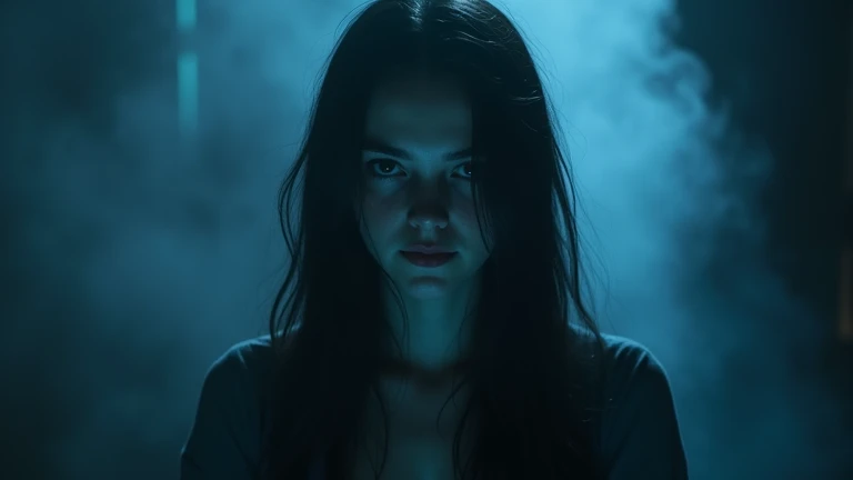 Long black hair with light shining from below, One person, bangs, Pink Eyes, Close your mouth,