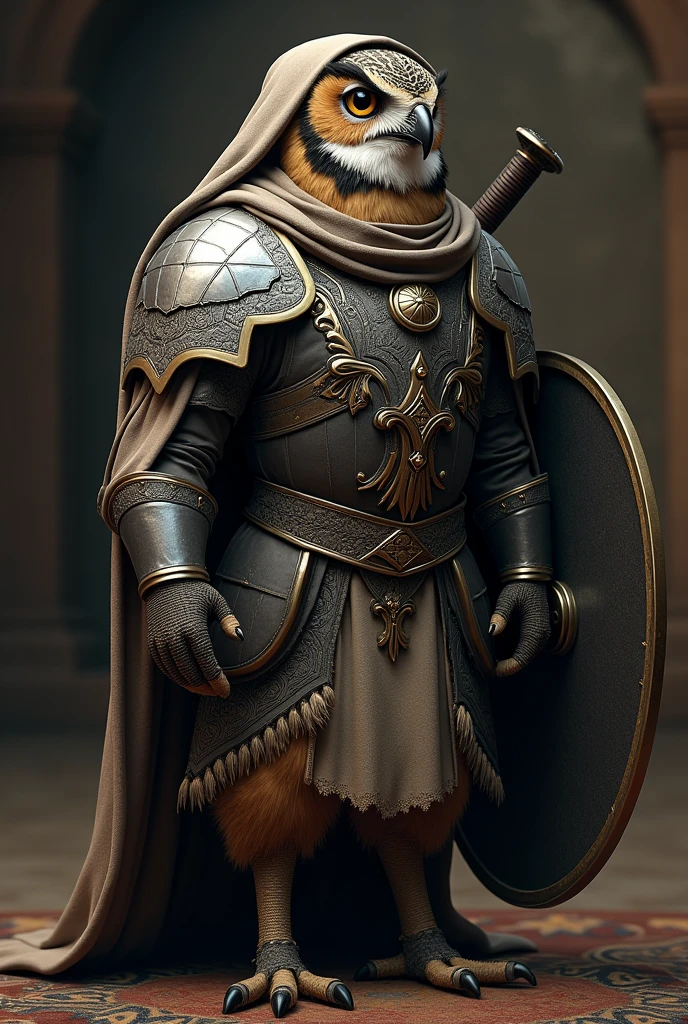 The image shows an owl dressed as an Arab warrior., (((Arab wearing a rag on his head))), ((( And in his hand the Damascus sword))), Facing right with head tilted slightly upwards. He wears detailed armor resembling traditional Arab armor., Complete with intricate designs and patterns.. The shields are primarily black with silver accents., Adding visual depth., His eyes focused on something in the distance.. Sheathed sword on the back of the owl, indicating readiness for battle or a celebratory posture., Create a dramatic and intense atmosphere., Retina, precise, Masterpiece, Superior detail, High detail, Best quality, Award winning, High accuracy, High resolution, 4K, 8 k, 16 kg, Retina, precise, Masterpiece, Anatomically correct, Textured leather, Superior detail, High quality, Award winning, High accuracy, 8 k, 16 kg