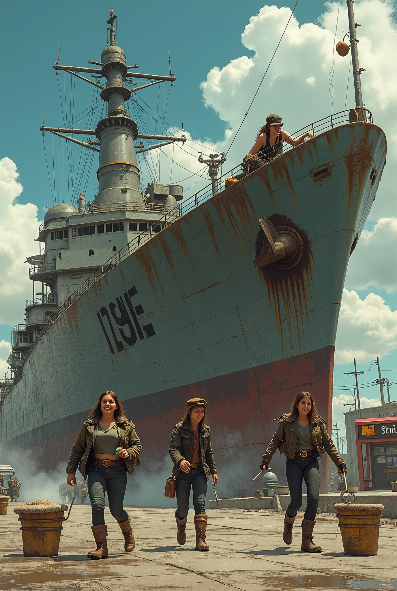 Four women are cleaning a huge, worn-out military ship covered in oil stains. They are scattered around the machine: A woman is lying on top , Another is leaning forward cleaning one of the stains, while two more stand on the sides, working with sponges and buckets of water. Women wear military boots and show fun and playfulness, while one of them is wearing a leather jacket and a military cap. The ship has the name 'Rosie' written on its side, and the scene has a sunny background with fluffy clouds and a bus stop sign in the background, adding a surreal and provocative tone to the scene