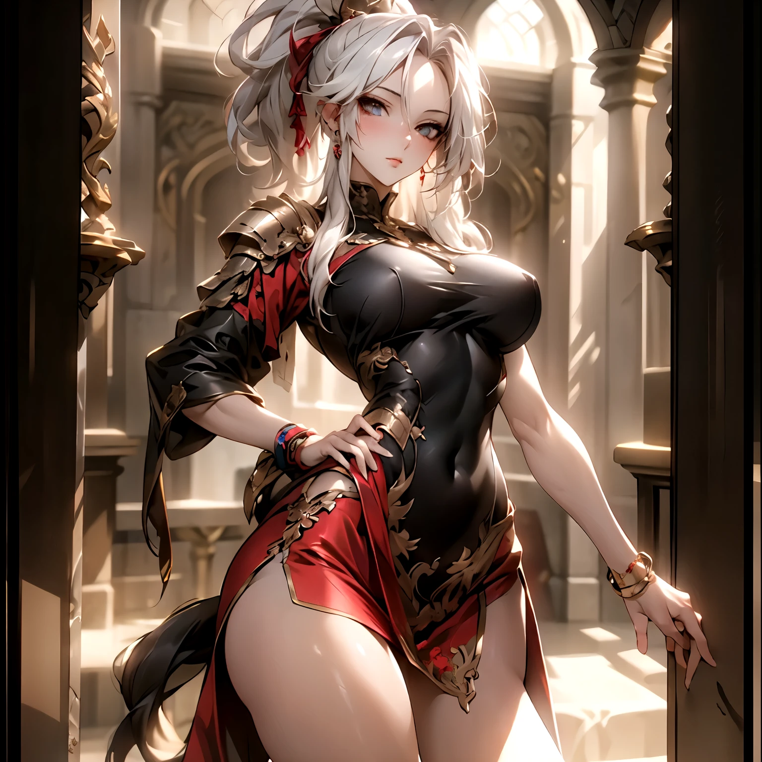 (best quality)), ((Masterpiece)), (details:1.4), 3d, HDR (high dynamic range), an image of a beautiful cyberpunk female, fantasy, medieval, cyberpunk, Sleek style, red hair, High ponytail, hips up, Beautiful White eyes, จมูกโด่ง, ปากแดง, หน้าอกใหญ่, nvidia RTX, PBR surface, After processing, Anisotropic filtration,depth of field, Maximum clarity and clarity, multi-layered surface, Subsurface scattering, perfect proportions, 8K raw files, ultra detailed, Perfect proportions, volumetric lighting, soft lighting, Holy Paldin, Heavy Golden Armor, red dress, intricate Silver embroidery, glossy skin, Castle Background, jewely, ต่างหู, mini red skirt, blackglove,