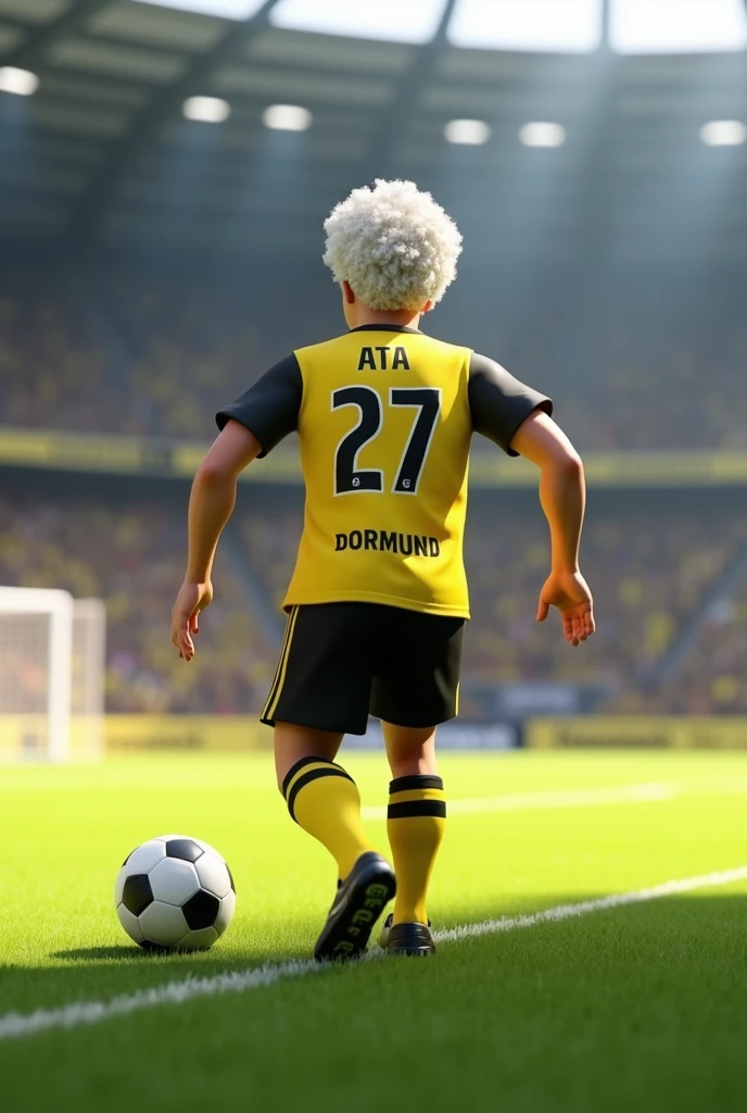 A white soccer player with curly hair from Borussia Dortmund and wearing the number 27 with the name ATA written on the back of the shirt is facing backwards playing football in 3D animation.