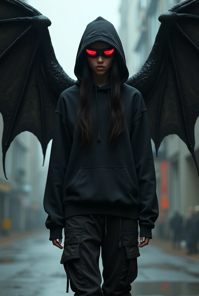  girl, thick black cargo pants, a black hoodie with holes cut in the back for her wings, with the hood of the hoodie that covered her head and face, wearing half-moon goggles with illuminated red lenses. she has wings that were 30 feet wide, like a wyvern's wings. 