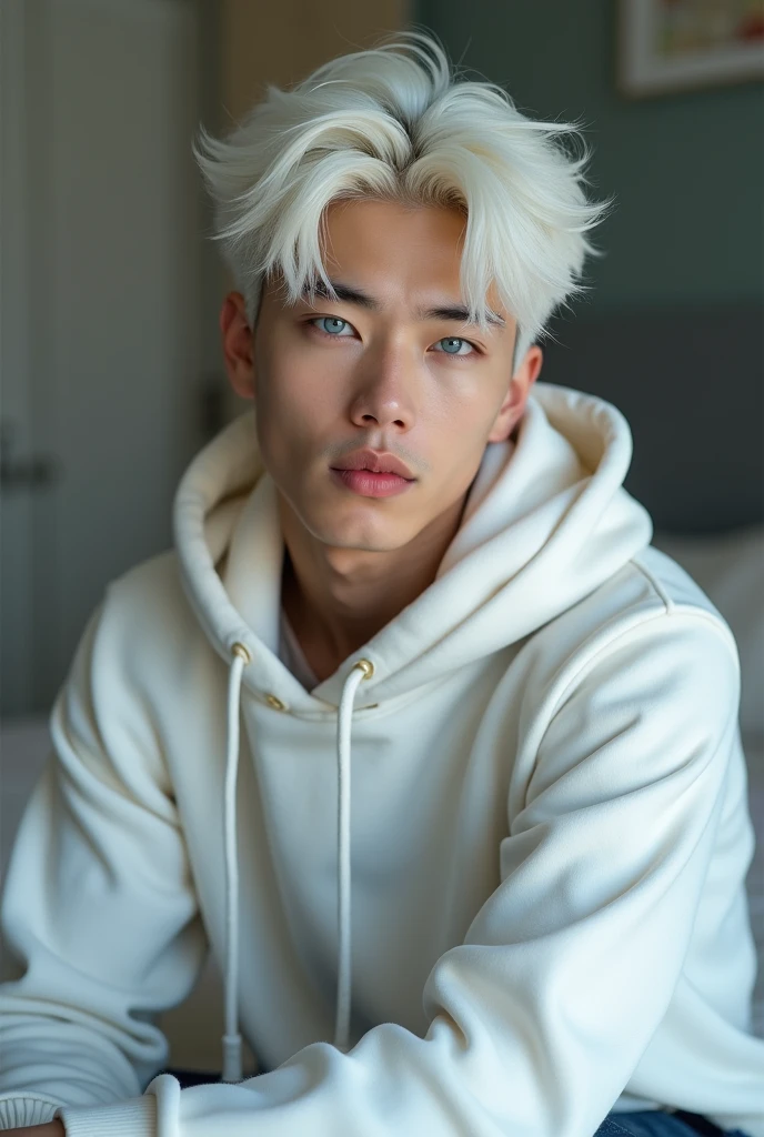 (photorealism:1.2) hot young man, no facial hair, asian, perfect face, pale skin, blue eyes, white hair, fluffy hair, sleek hair, handsome man sitting on be in oversized hoodie